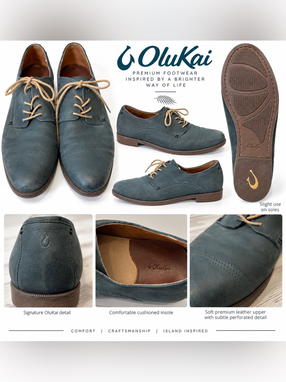 OluKai Women’s Leather Lace-Up Shoes EU 40 / US 10 Blue Gray Soft Leather